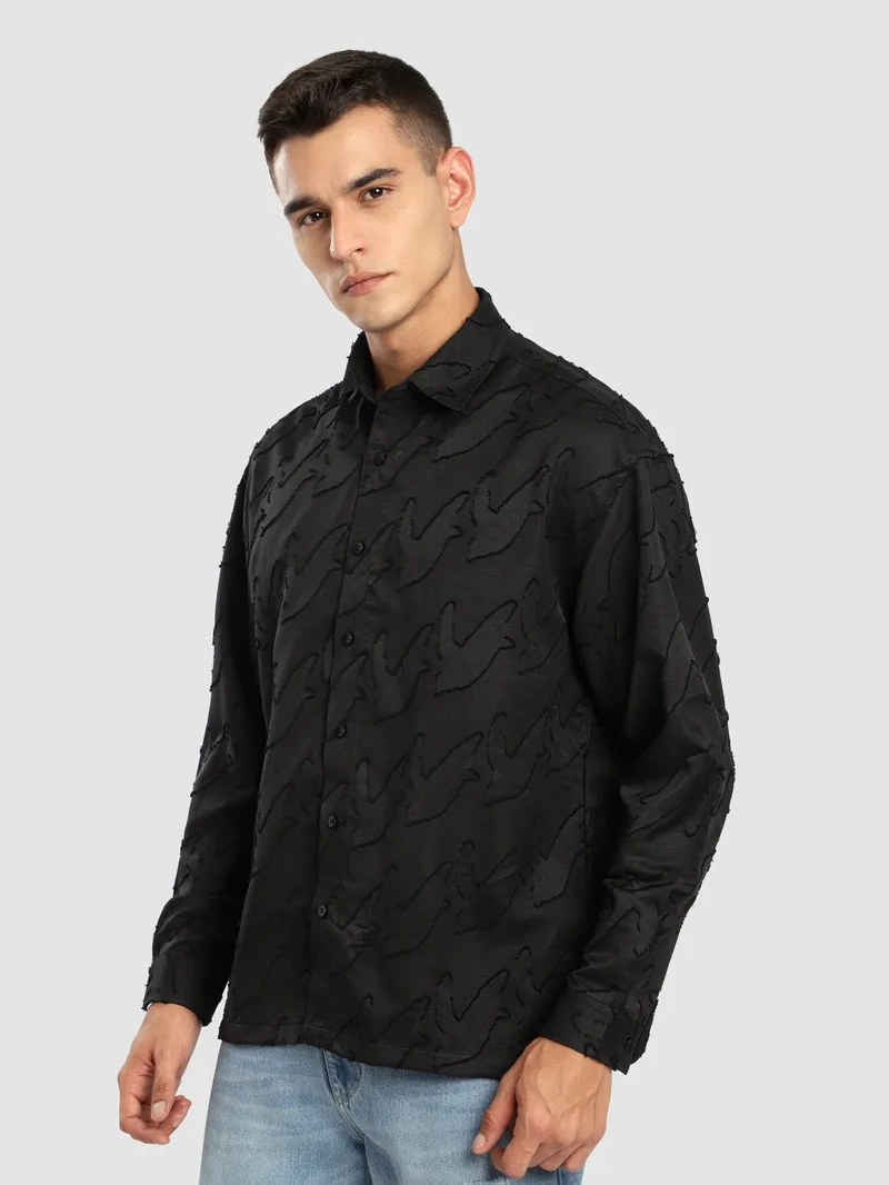 Beyoung Black Fur Abstract Textured Shirt