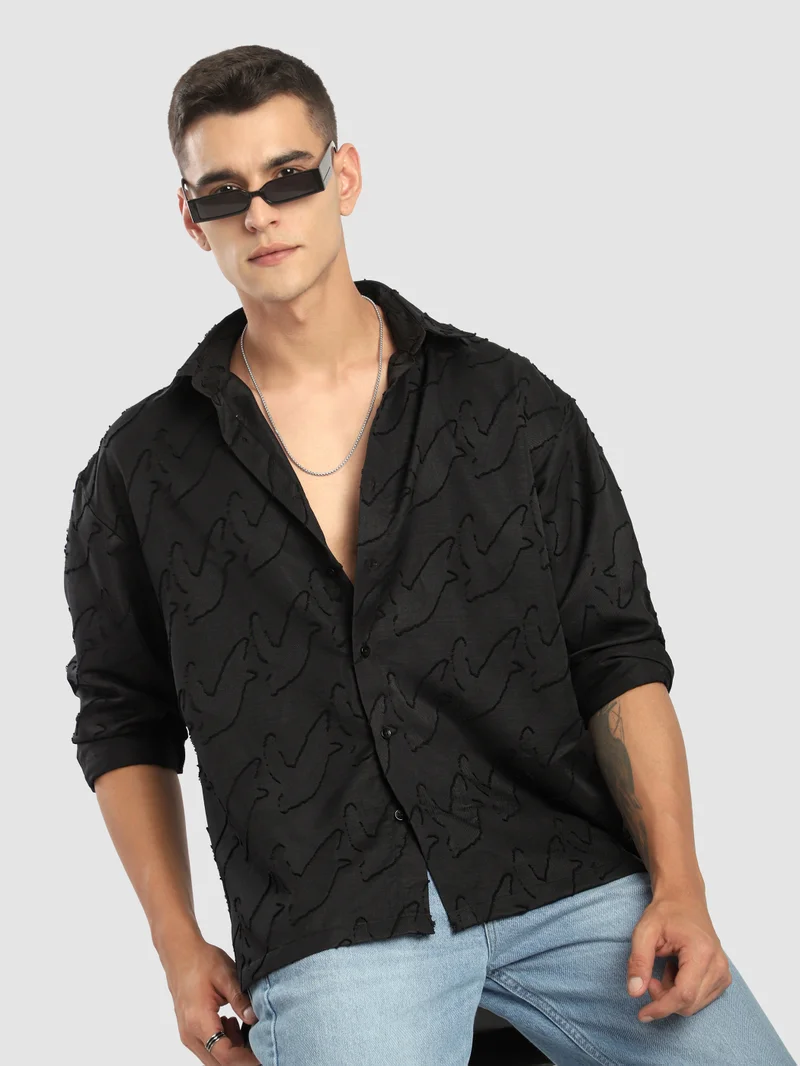 Beyoung Black Fur Abstract Textured Shirt