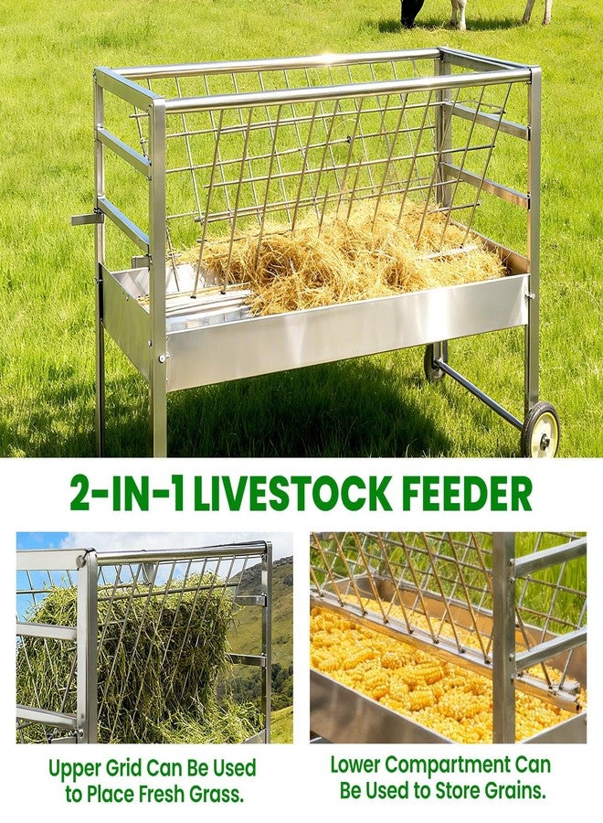 65 LBS Capacity Hay Feeder, 2-in-1 Hay & Grain Livestock Shelter Goat Feeders with Detachable Grain Tray Heavy Duty Galvanized Steel Goat Feeder, 7.8" Pulley Goat Shelter for Goats Sheep Lamb Horses - Image 4