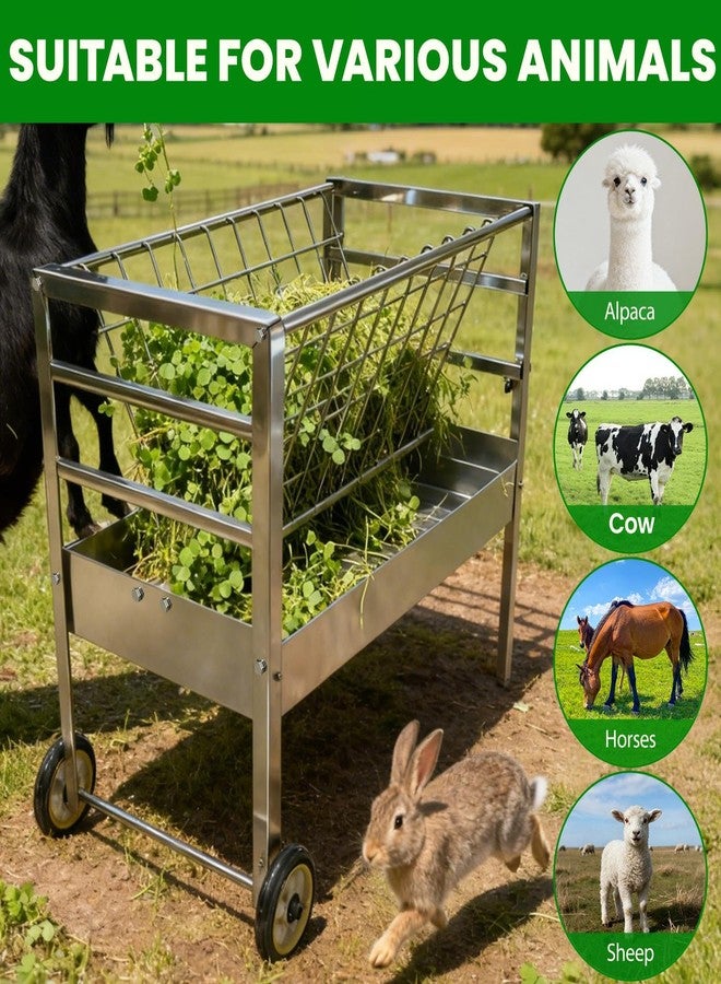 65 LBS Capacity Hay Feeder, 2-in-1 Hay & Grain Livestock Shelter Goat Feeders with Detachable Grain Tray Heavy Duty Galvanized Steel Goat Feeder, 7.8" Pulley Goat Shelter for Goats Sheep Lamb Horses - Image 3