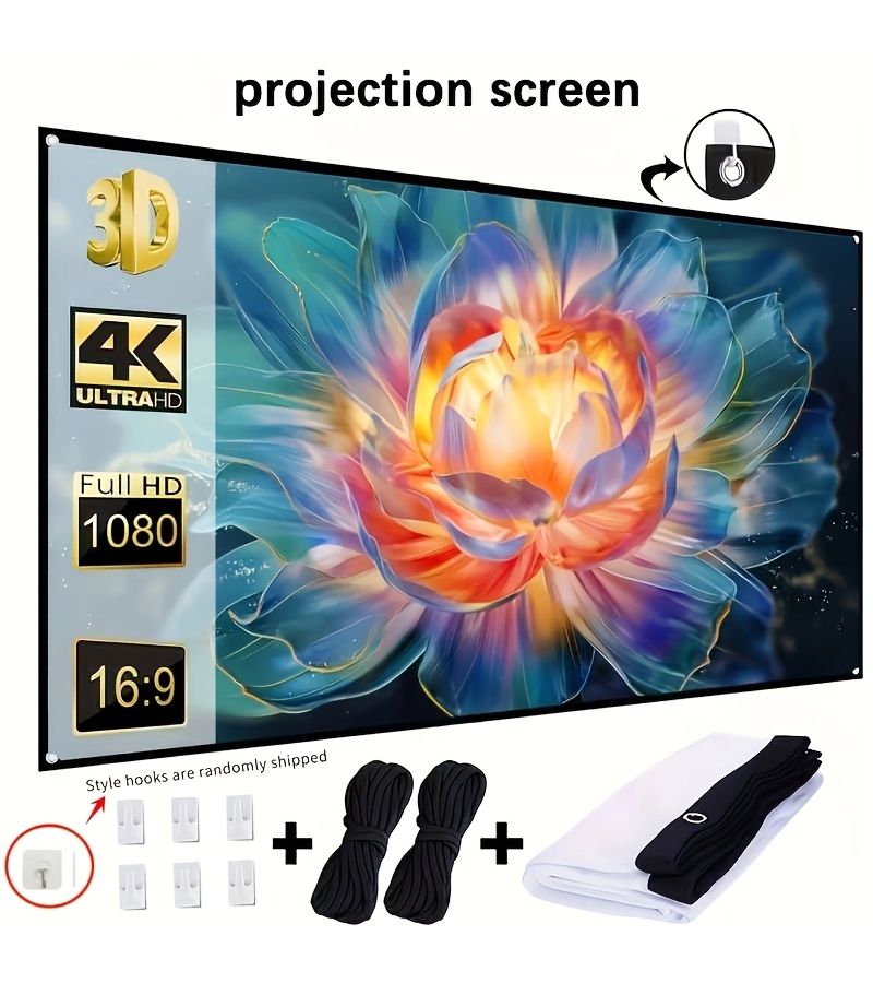 شاشة عرض محمولة بدقة 4K فائقة الوضوح بقياس 60 بوصة، بنسبة عرض إلى ارتفاع 16:9، مقاومة للتجعد، قابلة للغسل، من ألياف البوليستر، مع حقيبة تخزين - Image 1