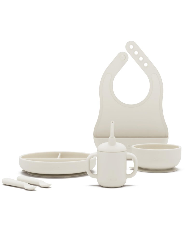 Lalo First Bites Silicone Baby Feeding Set - Baby Led Weaning Supplies - Non-Toxic Silicone - Includes 1 Bib, 2 Spoons, Training Cup, Suction Plate and Bowl - 6 Pieces - Oatmeal - Image 1