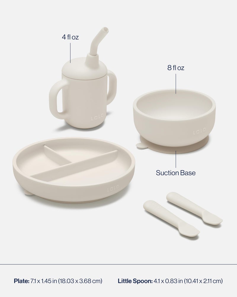 Lalo First Bites Silicone Baby Feeding Set - Baby Led Weaning Supplies - Non-Toxic Silicone - Includes 1 Bib, 2 Spoons, Training Cup, Suction Plate and Bowl - 6 Pieces - Oatmeal - Image 5