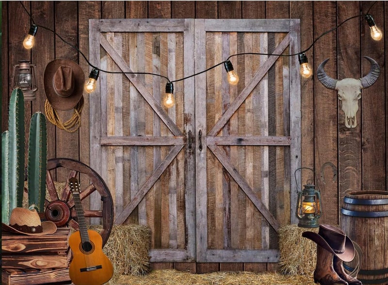 LTLYH 7x5ft Western Cowboy Barn Backdrop Rustic Farm Barn Door Hay Cactus Guitar Country Rodeo Theme Photography Background for Birthday Party Baby Shower Western Decor 223 - Image 1