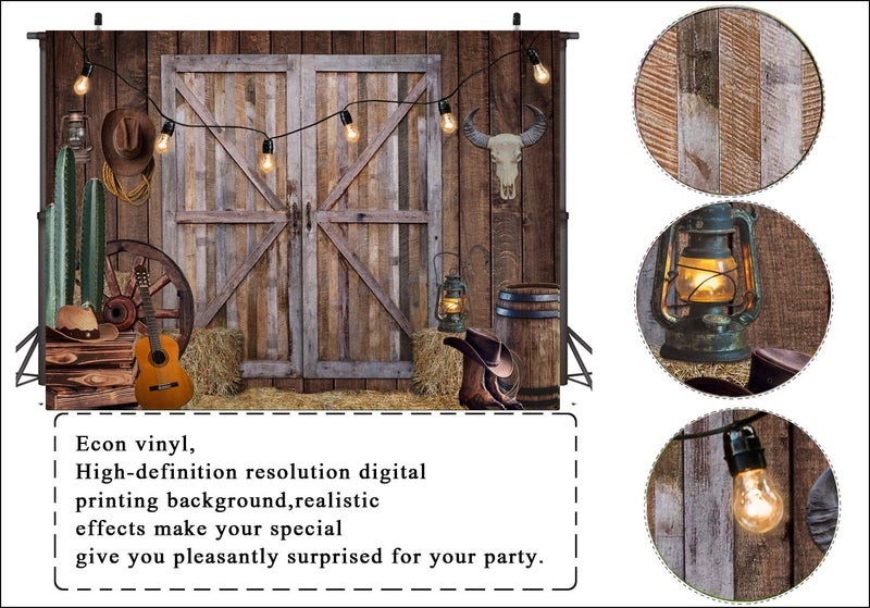LTLYH 7x5ft Western Cowboy Barn Backdrop Rustic Farm Barn Door Hay Cactus Guitar Country Rodeo Theme Photography Background for Birthday Party Baby Shower Western Decor 223 - Image 3