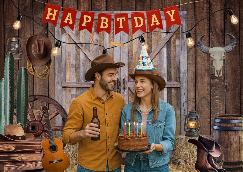 LTLYH 7x5ft Western Cowboy Barn Backdrop Rustic Farm Barn Door Hay Cactus Guitar Country Rodeo Theme Photography Background for Birthday Party Baby Shower Western Decor 223 - Image 2