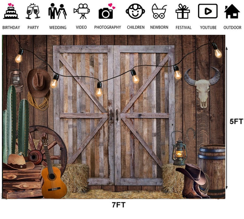 LTLYH 7x5ft Western Cowboy Barn Backdrop Rustic Farm Barn Door Hay Cactus Guitar Country Rodeo Theme Photography Background for Birthday Party Baby Shower Western Decor 223 - Image 4