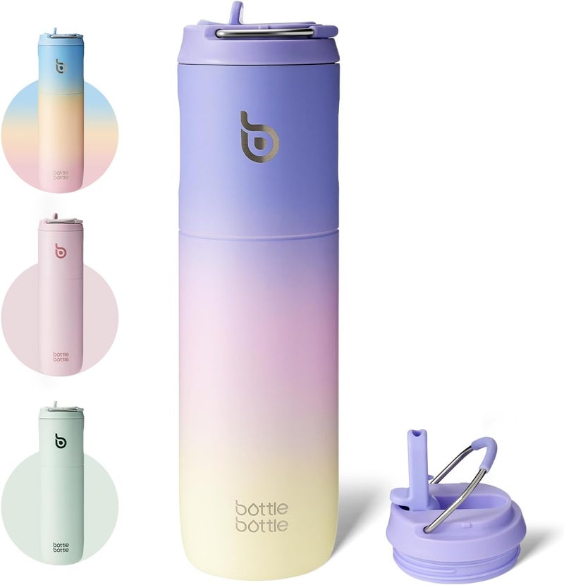 BOTTLE BOTTLE Insulated Water Bottle 24oz with Straw Lid and Handle for Sports Travel Gym Stainless Steel Water Bottles Double-Wall Vacuum Metal Thermos Bottles Leak Proof BPA-Free (pueplepinkyellow) - Image 1