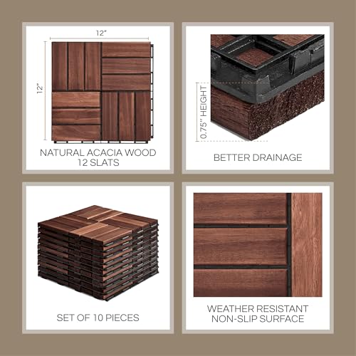 THYOI 10 Pcs Deck Tiles, Patio Flooring - Outdoor Waterproof Acacia Wood Tiles for All Weather Use - Balcony, Backyard, Indoor & Outdoor (Dark Brown Crossed Pattern, 10 Square Ft) - Image 2