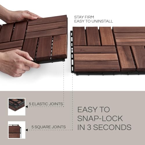 THYOI 10 Pcs Deck Tiles, Patio Flooring - Outdoor Waterproof Acacia Wood Tiles for All Weather Use - Balcony, Backyard, Indoor & Outdoor (Dark Brown Crossed Pattern, 10 Square Ft) - Image 5