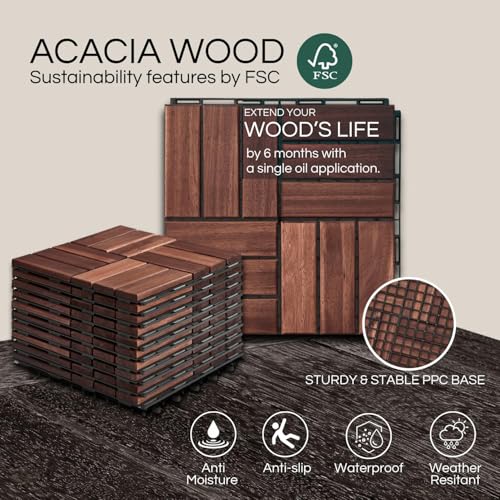 THYOI 10 Pcs Deck Tiles, Patio Flooring - Outdoor Waterproof Acacia Wood Tiles for All Weather Use - Balcony, Backyard, Indoor & Outdoor (Dark Brown Crossed Pattern, 10 Square Ft) - Image 4