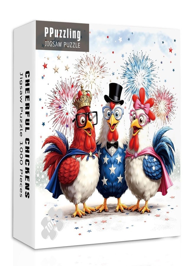 PPuzzling Patriotic Chickens Puzzles for Adults 1000 Pieces, Funny Rooster Farm Jigsaw Puzzle, Whimsical Animal Puzzle - Image 1