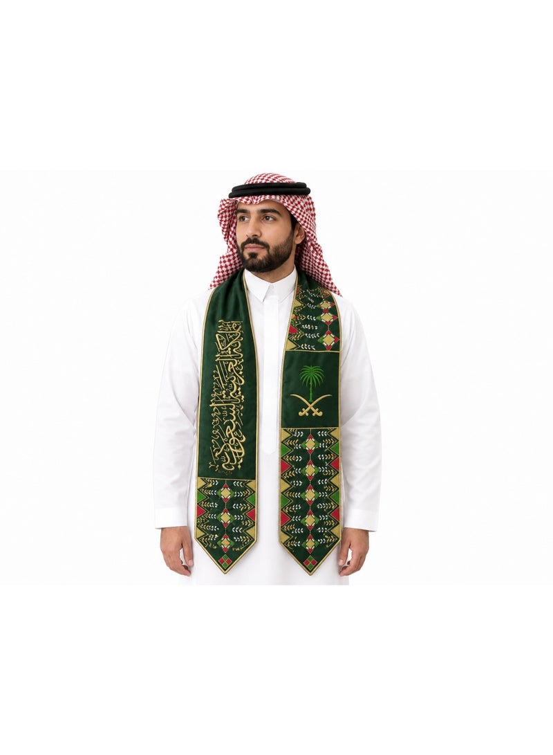 وشاح اليوم الوطني السعودي للرجال – تشكيلة تصاميم مطرزة فاخرة مستوحاة من الهوية السعودية، وشاح احتفالي للمناسبات الوطنية والفعاليات والاحتفالات، خامة مخملية ناعمة بتطريز فاخر، مقاس مناسب لجميع المقاسات - Image 1