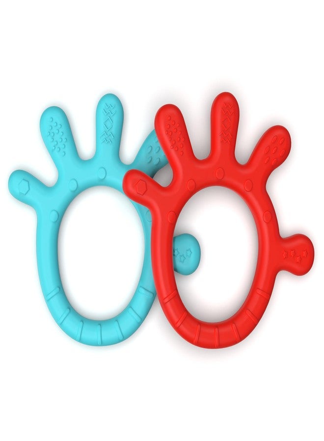 Cherilo Palm Shape Finger Teether for 3 to 12 Months Baby, Teething Toy Pacifier with Chewable, Raised & Textured Surface for Soothing Sore Gums, Easy Grip, BPA Free, Red & Sea Blue Colour (Pack of 2) - Image 1