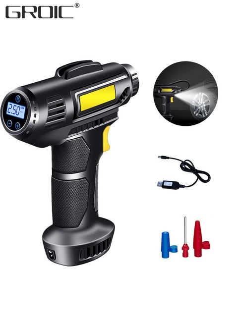 Portable USB Tire Inflator Air Compressor,Car Air Pump with Digital Display, LED Light, Auto Shut Off Function, Set of Nozzle Adaptors for Car, Motorcycle, Bicycle, Ball