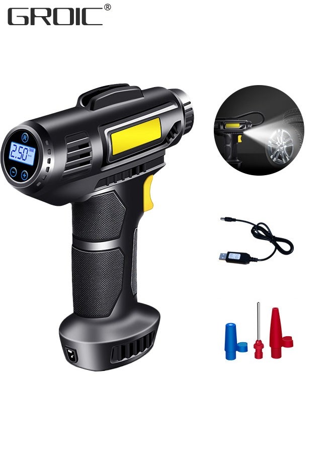 Portable USB Tire Inflator Air Compressor,Car Air Pump with Digital Display, LED Light, Auto Shut Off Function, Set of Nozzle Adaptors for Car, Motorcycle, Bicycle, Ball