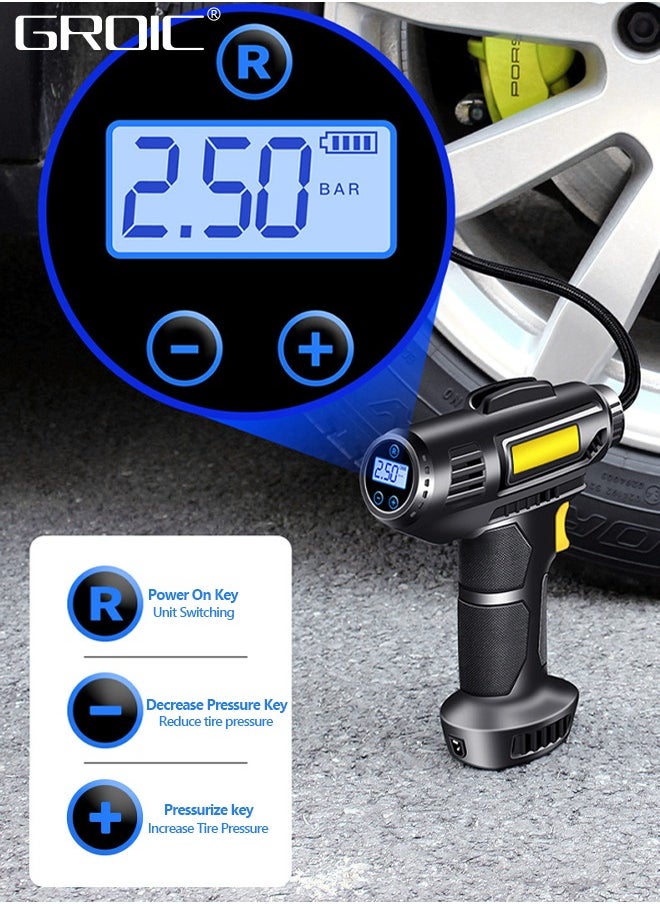 Portable USB Tire Inflator Air Compressor,Car Air Pump with Digital Display, LED Light, Auto Shut Off Function, Set of Nozzle Adaptors for Car, Motorcycle, Bicycle, Ball