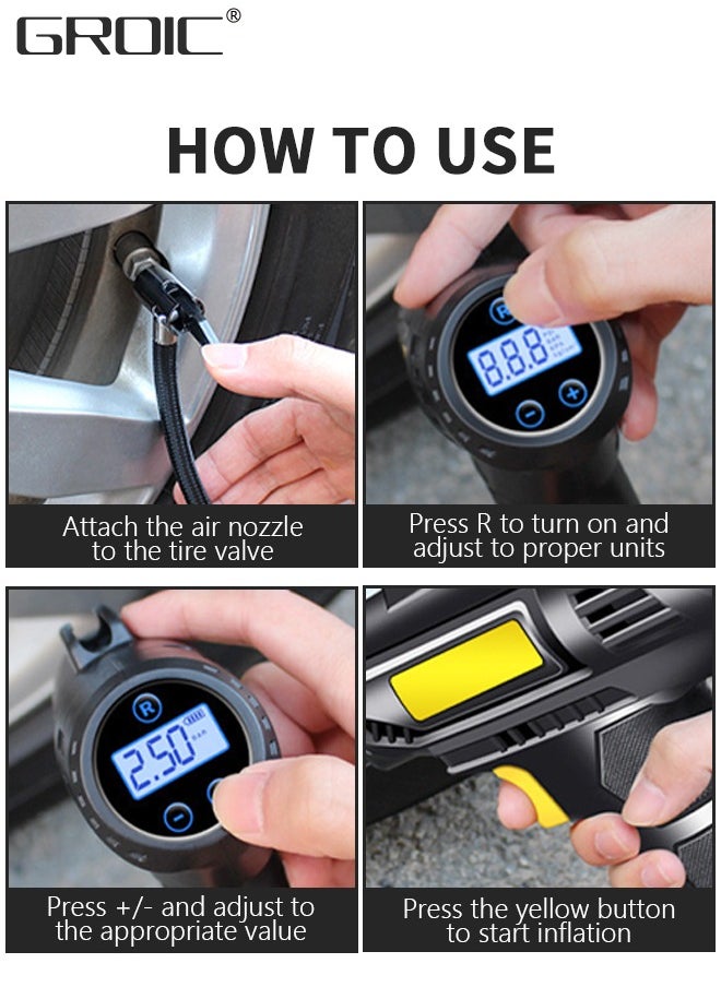 Portable USB Tire Inflator Air Compressor,Car Air Pump with Digital Display, LED Light, Auto Shut Off Function, Set of Nozzle Adaptors for Car, Motorcycle, Bicycle, Ball