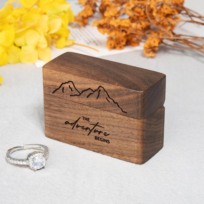 Wislist Wooden Engagement Ring Box for Proposal,Wedding,Walnut Wooden case for Little Slim Ring,Pocket Size Secret (The adventure begins) - Image 2