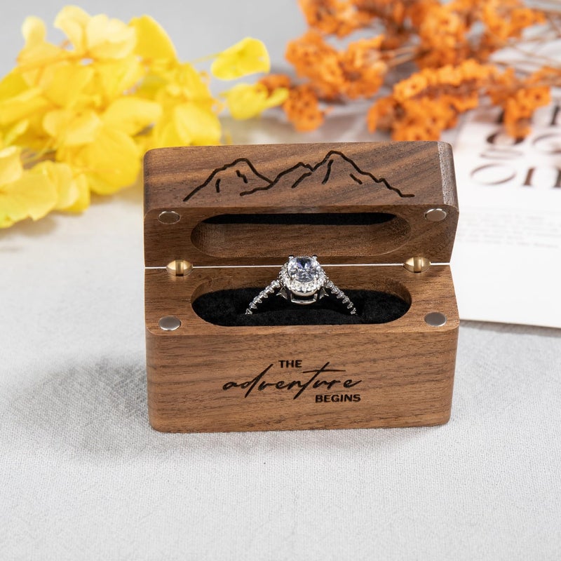 Wislist Wooden Engagement Ring Box for Proposal,Wedding,Walnut Wooden case for Little Slim Ring,Pocket Size Secret (The adventure begins) - Image 3