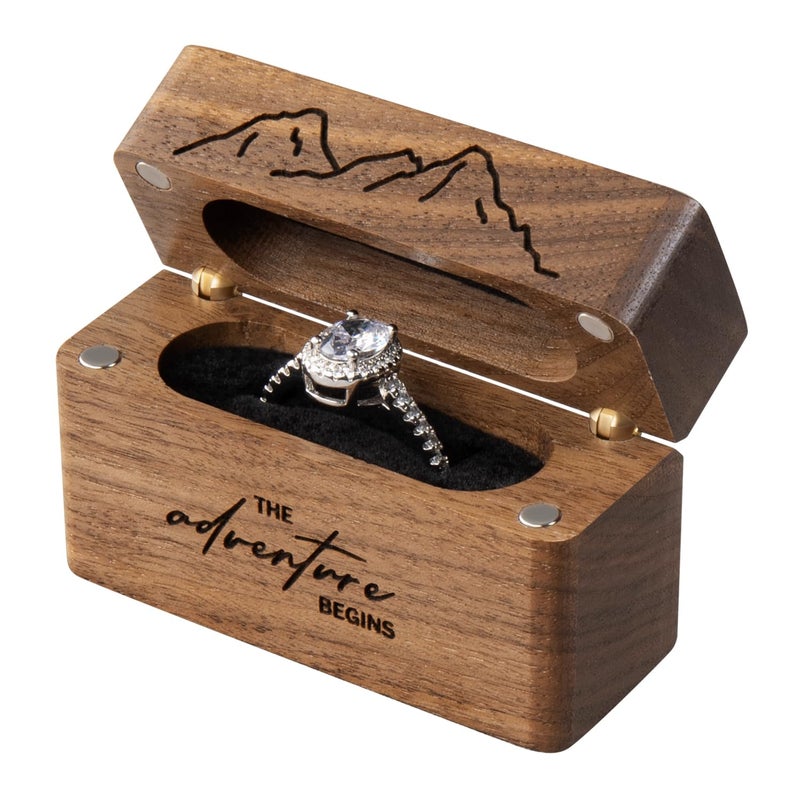 Wislist Wooden Engagement Ring Box for Proposal,Wedding,Walnut Wooden case for Little Slim Ring,Pocket Size Secret (The adventure begins) - Image 1