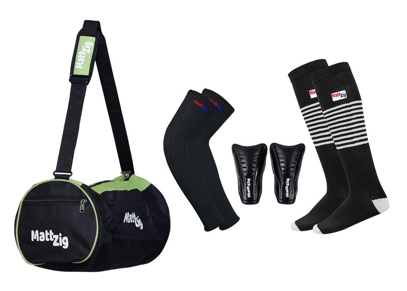 MATTZIG ® Club Football Kit (One Pair of Striped Lycra Socks + One Pair of Shin Guard + One Pair of Cotton Arm Sleeves + One Kit Bag) (Green, Black) - Image 1