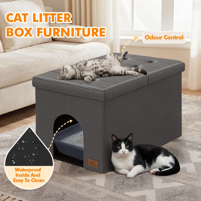Zerbuger Cat Litter Box Enclosure Furniture for Odor Control, Hidden Cabinet Cat Litter Box Furniture Ottoman with Flip-Up Lid,Cats Litter Box Bench with Storage Space, Dog Proof (Gray-Faux Leather, Large) - Image 5