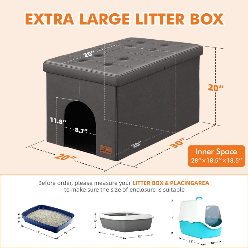 Zerbuger Cat Litter Box Enclosure Furniture for Odor Control, Hidden Cabinet Cat Litter Box Furniture Ottoman with Flip-Up Lid,Cats Litter Box Bench with Storage Space, Dog Proof (Gray-Faux Leather, Large) - Image 2