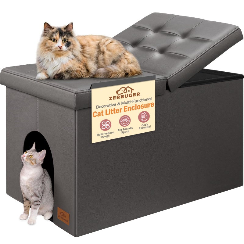 Zerbuger Cat Litter Box Enclosure Furniture for Odor Control, Hidden Cabinet Cat Litter Box Furniture Ottoman with Flip-Up Lid,Cats Litter Box Bench with Storage Space, Dog Proof (Gray-Faux Leather, Large) - Image 1