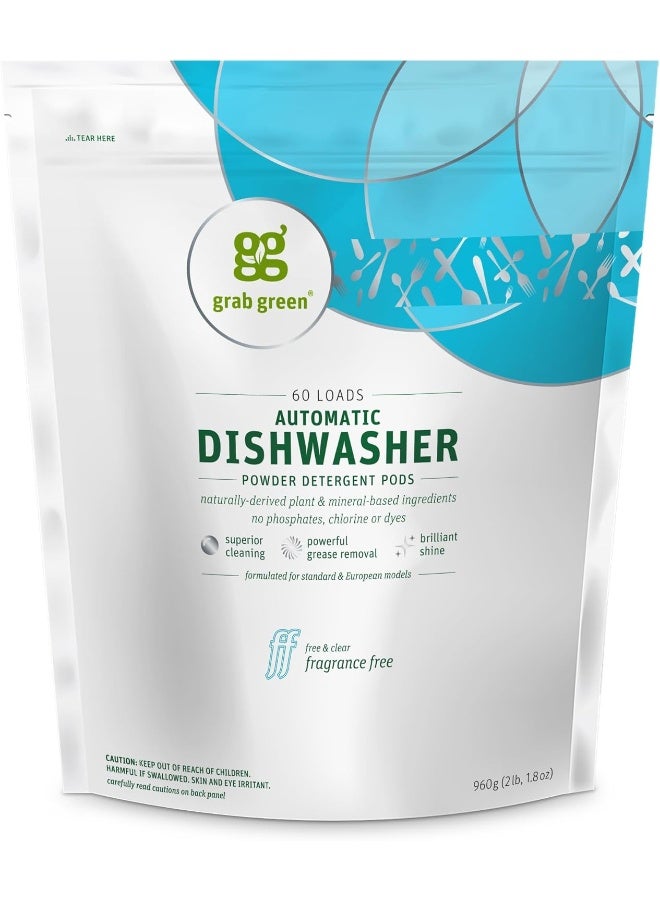 Grab Green Automatic Dishwashing Detergent Pods, 60 Count, Fragrance Free, Plant and Mineral Based, Superior Cleaning, Powerful Grease Removal, Brilliant Shine - Image 1