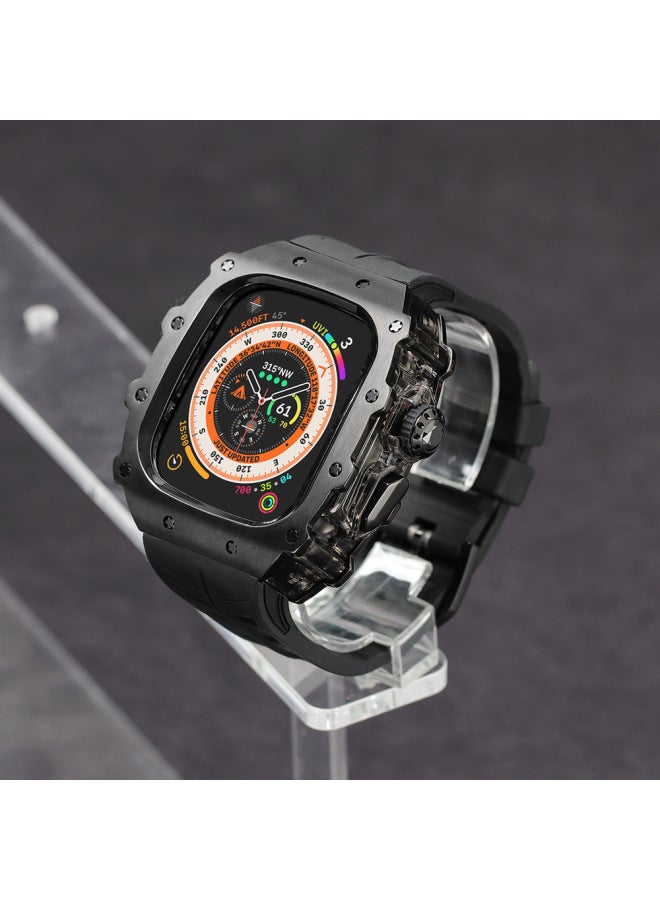 49mm Stainless Steel Modified Case For Apple Watch S9 Series 45mm Viton Strap Metal Clamp Transparent Case-Color:Stainless Steel Black Shell Shark Fluorine Rubber Black With Black Pin Buckle-Dimensions:44mm - Image 1
