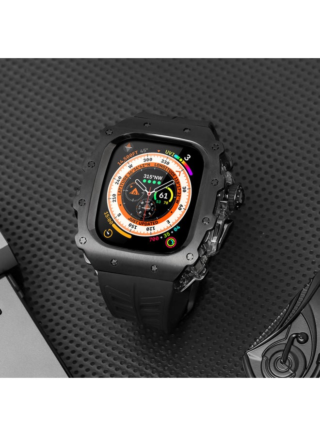 49mm Stainless Steel Modified Case For Apple Watch S9 Series 45mm Viton Strap Metal Clamp Transparent Case-Color:Stainless Steel Black Shell Shark Fluorine Rubber Black With Black Pin Buckle-Dimensions:44mm - Image 4