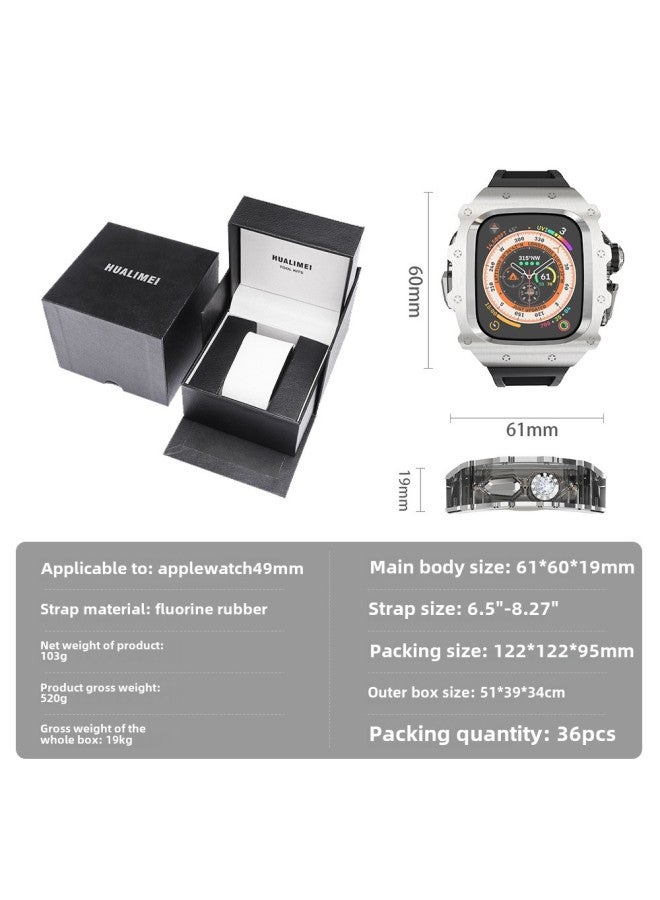 49mm Stainless Steel Modified Case For Apple Watch S9 Series 45mm Viton Strap Metal Clamp Transparent Case-Color:Stainless Steel Black Shell Shark Fluorine Rubber Black With Black Pin Buckle-Dimensions:44mm - Image 5