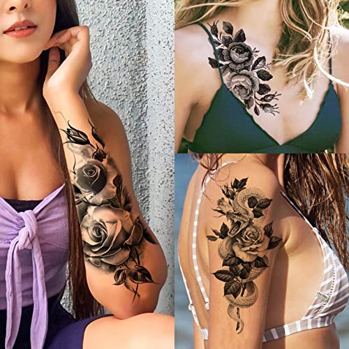 VANTATY 65 Sheets Black Realistic Flower Temporary Tattoos For Women Arm Thigh, 3D Fake Tattoos That Look Real And Last Long, Temp Rose Sketch Moon Snake Peony Floral Tattoo Stickers For Adults Girls - Image 2