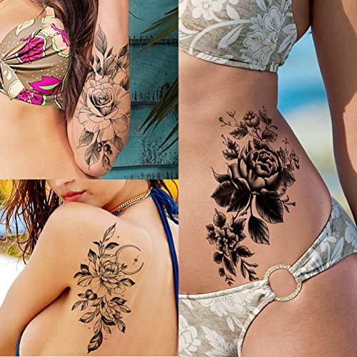 VANTATY 65 Sheets Black Realistic Flower Temporary Tattoos For Women Arm Thigh, 3D Fake Tattoos That Look Real And Last Long, Temp Rose Sketch Moon Snake Peony Floral Tattoo Stickers For Adults Girls - Image 4