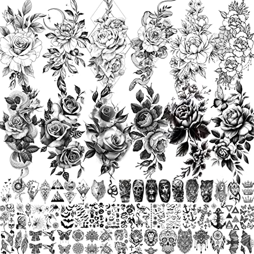 VANTATY 65 Sheets Black Realistic Flower Temporary Tattoos For Women Arm Thigh, 3D Fake Tattoos That Look Real And Last Long, Temp Rose Sketch Moon Snake Peony Floral Tattoo Stickers For Adults Girls - Image 1