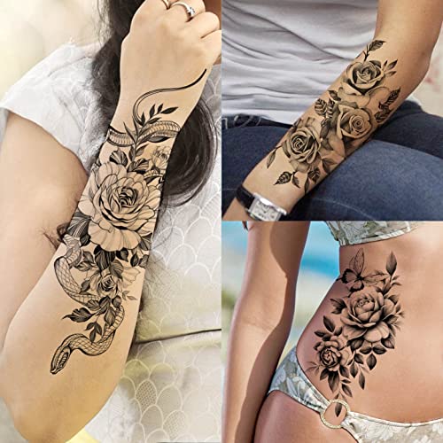 VANTATY 65 Sheets Black Realistic Flower Temporary Tattoos For Women Arm Thigh, 3D Fake Tattoos That Look Real And Last Long, Temp Rose Sketch Moon Snake Peony Floral Tattoo Stickers For Adults Girls - Image 3