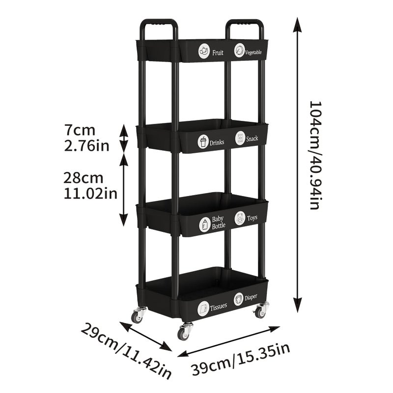 Laiensia 4-Tier Rolling Cart with Wheels,Multifunction Utility Storage Carts, Kitchen Storage Organizer,Mobile Shelving Unit for Bathroom,Laundry,with Classified Stickers,Black - Image 4