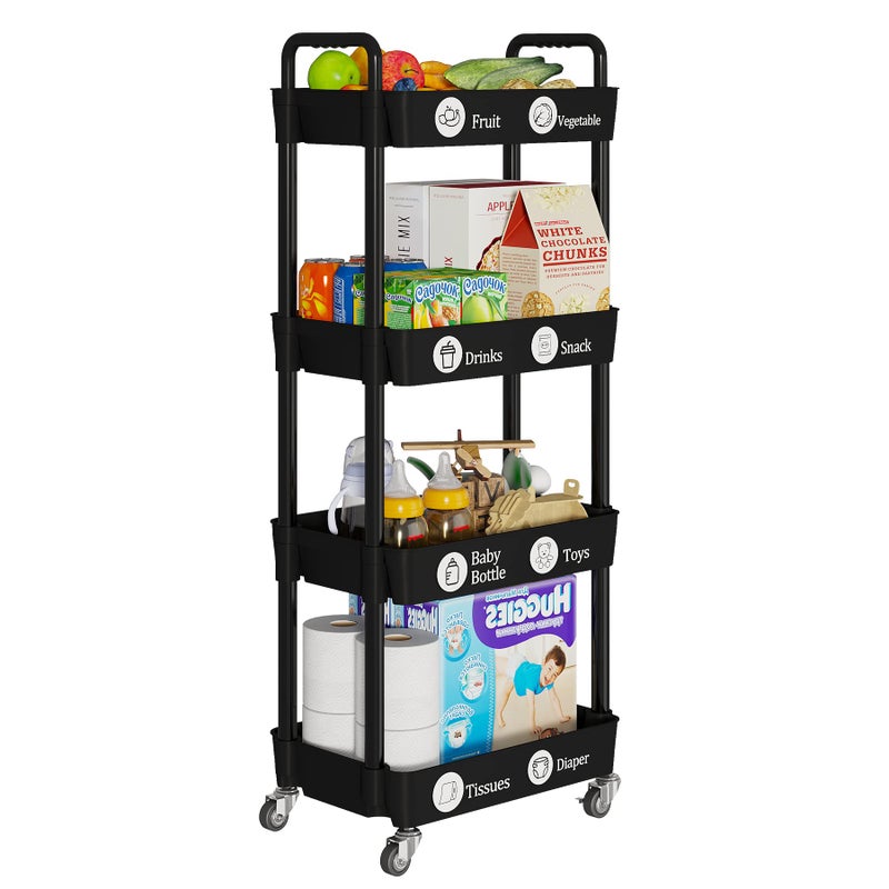 Laiensia 4-Tier Rolling Cart with Wheels,Multifunction Utility Storage Carts, Kitchen Storage Organizer,Mobile Shelving Unit for Bathroom,Laundry,with Classified Stickers,Black - Image 2