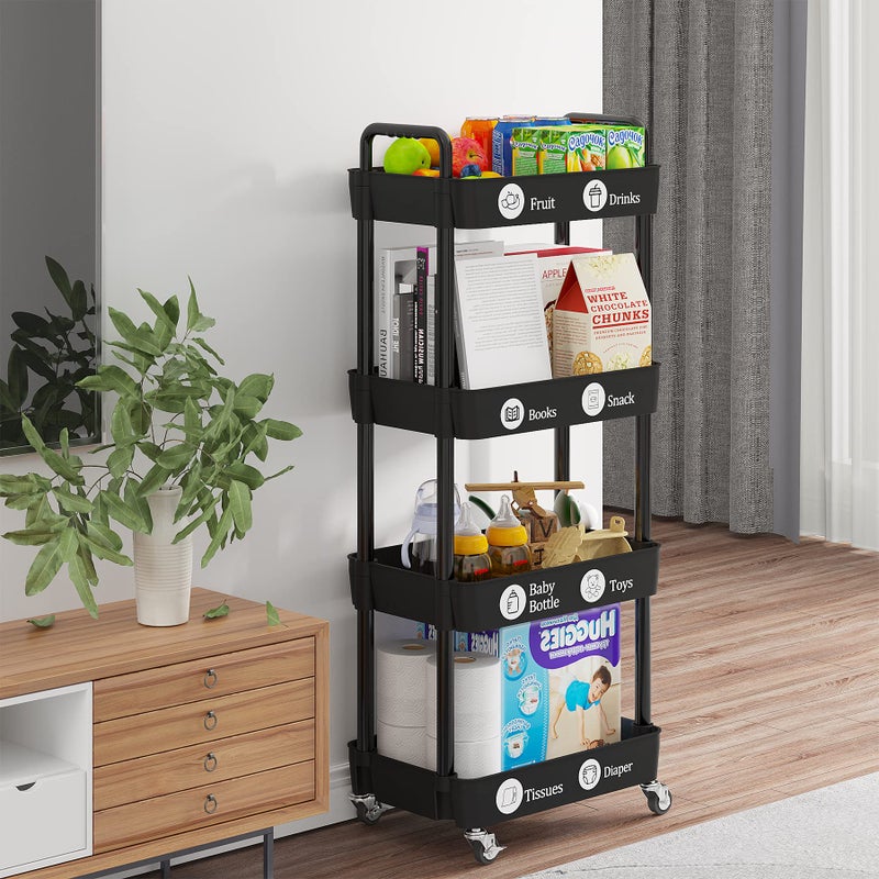 Laiensia 4-Tier Rolling Cart with Wheels,Multifunction Utility Storage Carts, Kitchen Storage Organizer,Mobile Shelving Unit for Bathroom,Laundry,with Classified Stickers,Black - Image 5