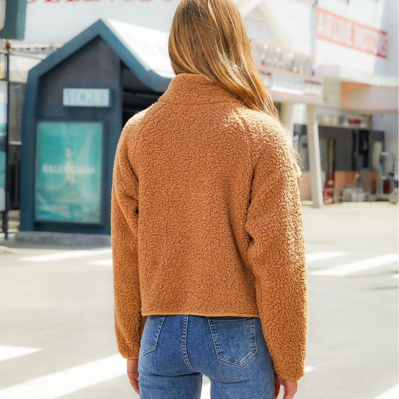 معطف كارديغان نسائي طويل الأكمام بسحاب من الفرو الصناعي - Image 3