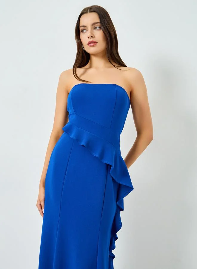 Take Two Blue Bandeau Neck Frill Detail Maxi Dress