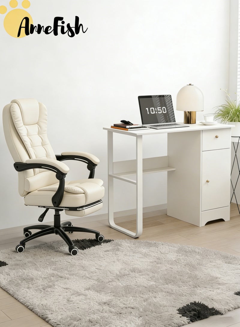 آن فش طقم مكتب وكرسي مكتبي تنفيذي مريح بتصميم سحابي، وطاولة كمبيوتر مكتبية بمقاس 100 × 50 سم، وكرسي ألعاب كبير مزود بعجلات دوارة صامتة، ووظيفة تدليك ثنائية النقاط، ومسند ظهر مرتفع قابل لتعديل الارتفاع، بالإضافة إلى طقم مكتب متعدد الوظائف للدراسة والكتابة مزود بأرفف وأدراج للتخزين. - Image 1