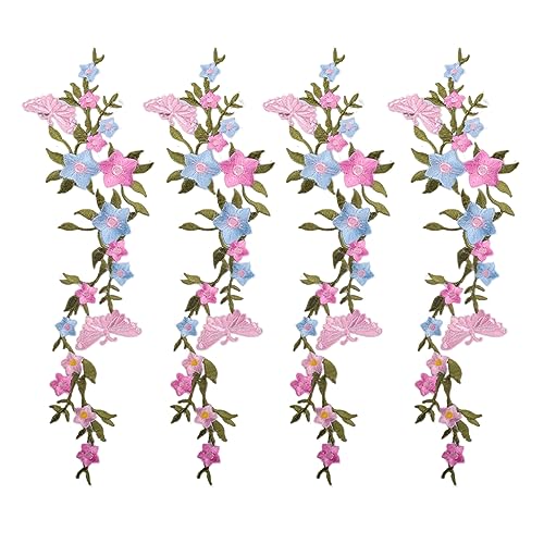 4 Pieces 10inch Long Floral Iron on Patches Butterfly in Flower Embroidered Patches Applique for Neckline Embellishment Trimming Shoes Jeans Clothing Repair Decor PinkBlue
