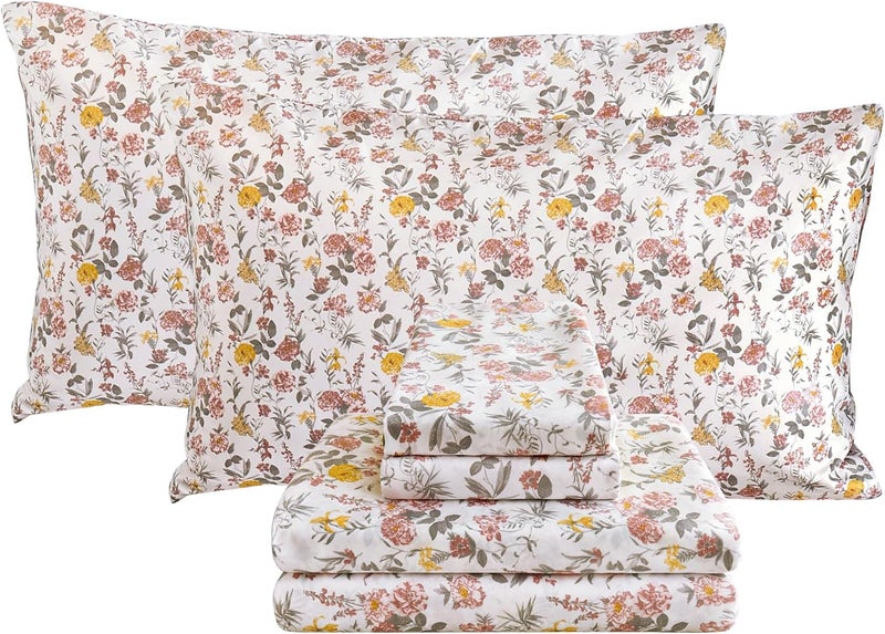 Viviland Floral King Sheet Set - 4 Piece Vintage Pink & Yellow Flower Patterned Bed Sheets - Soft, Breathable Microfiber Sheets with Deep Pocket, Non-Slip Fitted Sheets & Pillowcases - Image 1
