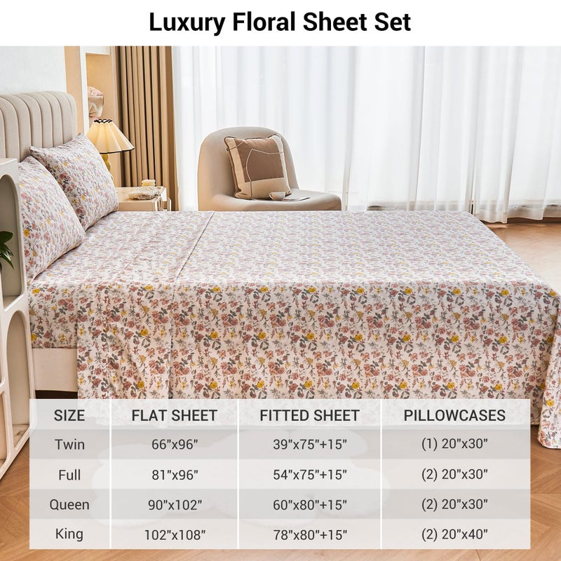 Viviland Floral King Sheet Set - 4 Piece Vintage Pink & Yellow Flower Patterned Bed Sheets - Soft, Breathable Microfiber Sheets with Deep Pocket, Non-Slip Fitted Sheets & Pillowcases - Image 3
