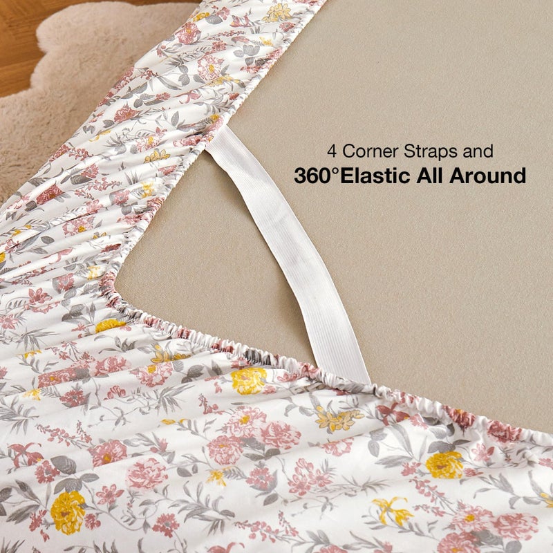 Viviland Floral King Sheet Set - 4 Piece Vintage Pink & Yellow Flower Patterned Bed Sheets - Soft, Breathable Microfiber Sheets with Deep Pocket, Non-Slip Fitted Sheets & Pillowcases - Image 5