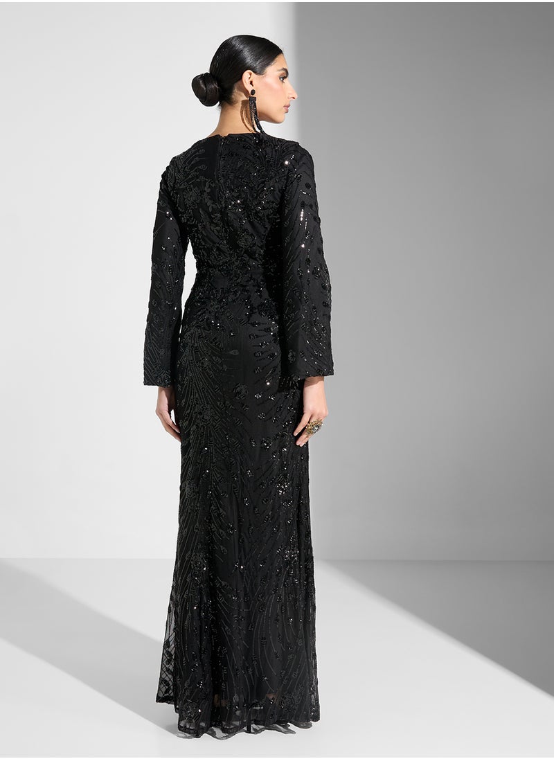 Little Mistress Embelished Long Sleeve V-Neck Fishtail  Dress  - Image 2