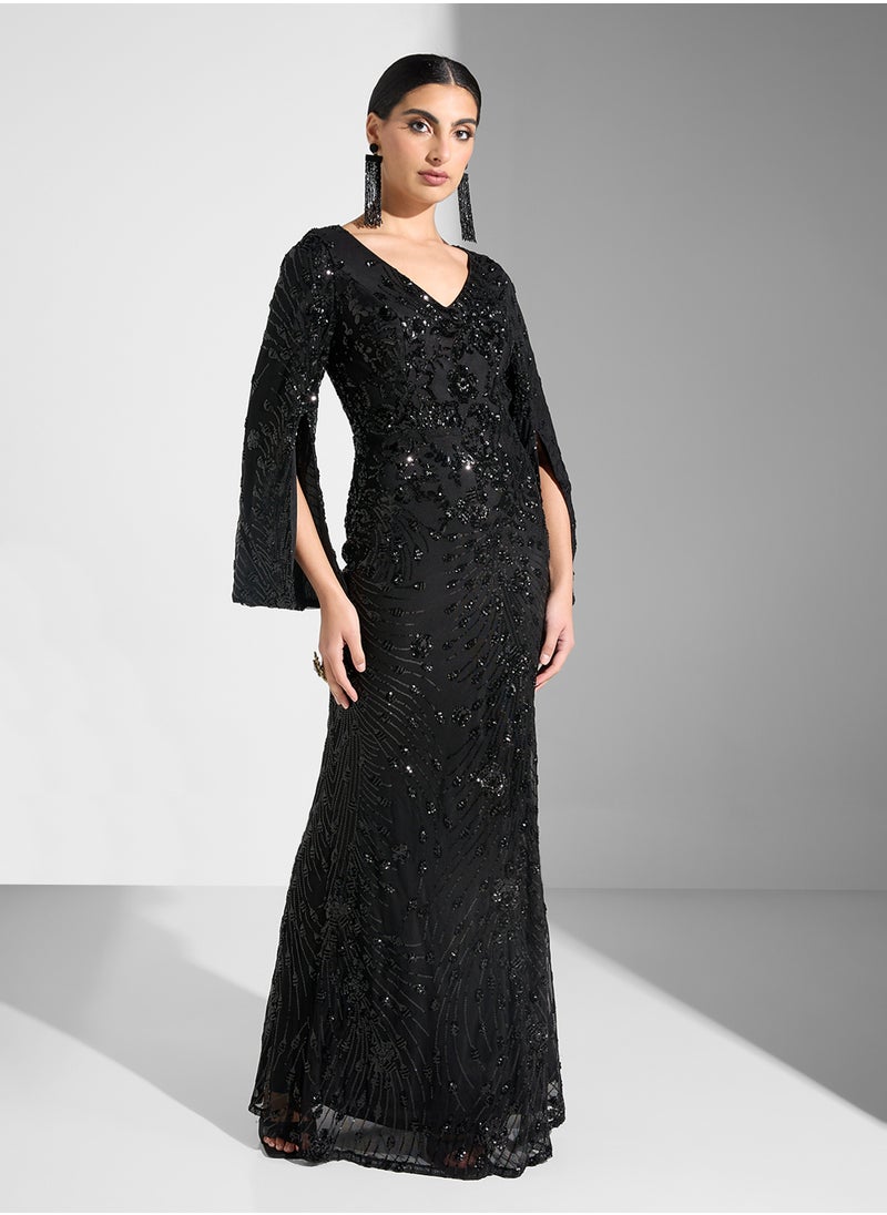 Little Mistress Embelished Long Sleeve V-Neck Fishtail  Dress  - Image 1