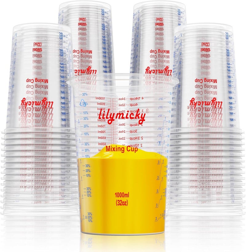 Lilymicky 50 PACK Plastic Measuring Cups, 32 oz (1000ml) Disposable Mixing Cups, Measurement ratios: 2:1, 3:1, 4:1, Perfect for Epoxy Resin, Paint Mixing, Art DIY - Image 1
